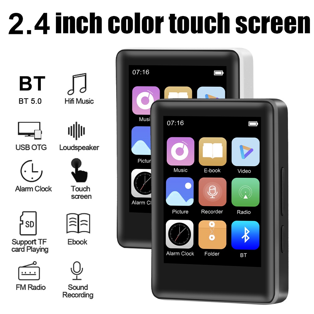 Máy nghe nhạc MP3 MP4 Bluetooth 5.2, loa âm thanh HIFI màn hình cảm ứng 2.4 inch, mini