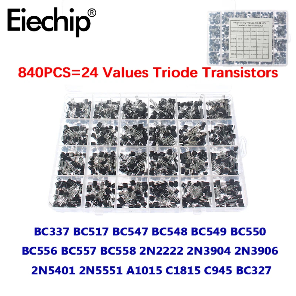 840 chiếc, 24 loại transistor triode, bộ kit gồm transistor PNP và NPN BC327 BC337 2N2222 2N3904 2N3