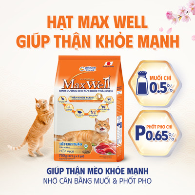 Thức ăn hạt cao cấp cho mèo khỏe toàn diện, tốt cho thận Max Well từ Nhật Bản -Vị gà/cá 1.5kg