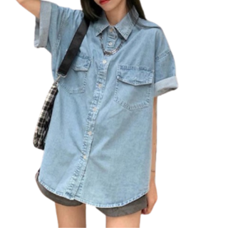 Áo sơ mi jean nữ cộc tay Choice Việt Nam KABICO-G5 oversize form rộng 2 túi