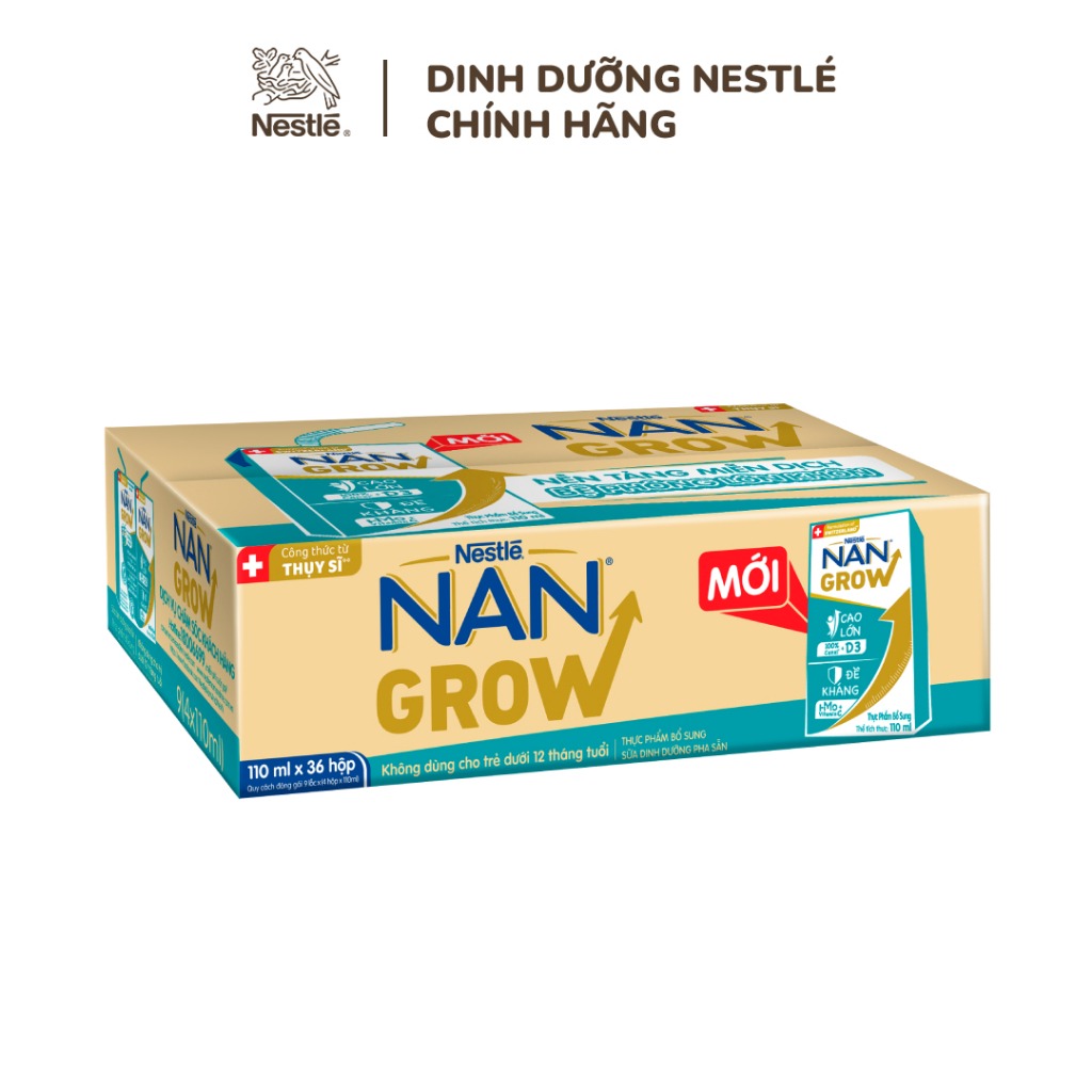 Sữa Pha Sẵn Nestlé NANGROW Cho Trẻ Từ 1 Tuổi, Công Thức Thụy Sĩ Giúp Bé Cao Lớn Vượt Trội, Thùng (36 Hộp x 110ml)