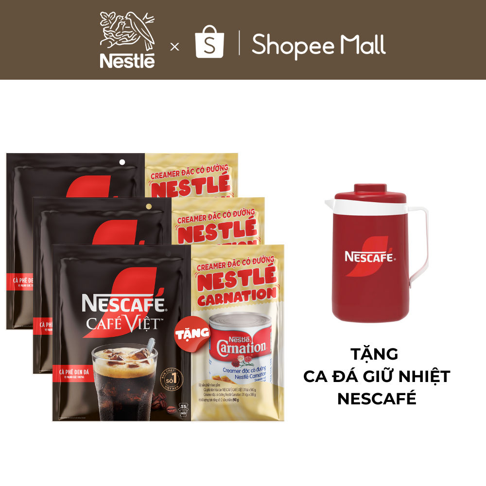  Tặng 03 Lon sữa đặc Carnation và Ca đá NESCAFE  Combo 3 Bịch Cà phê đen hòa tan NESCAFÉ Café Việt  Túi 35 gói x 16g  