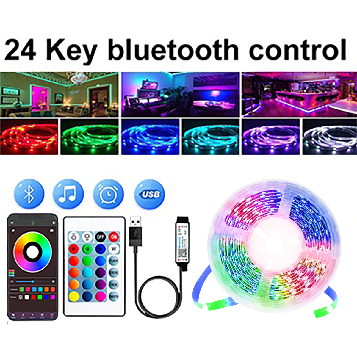 Đèn LED dải 5050 RGB, 5V USB Music Sync Hẹn giờ với 24 phím điều khiển từ xa để trang trí phòng TV