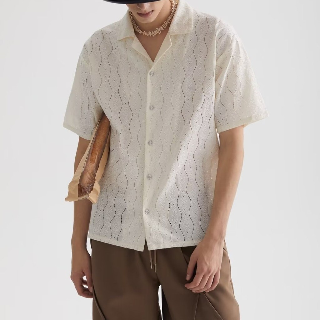 Retro Áo Sơ Mi Ren Cổ Cuba Retro Gợi Cảm Thả Vai Ngắn Tay Unisex Nam Nữ Cùng Phong Cách Phong Cách Mùa Hè Hợp Thời Trang
