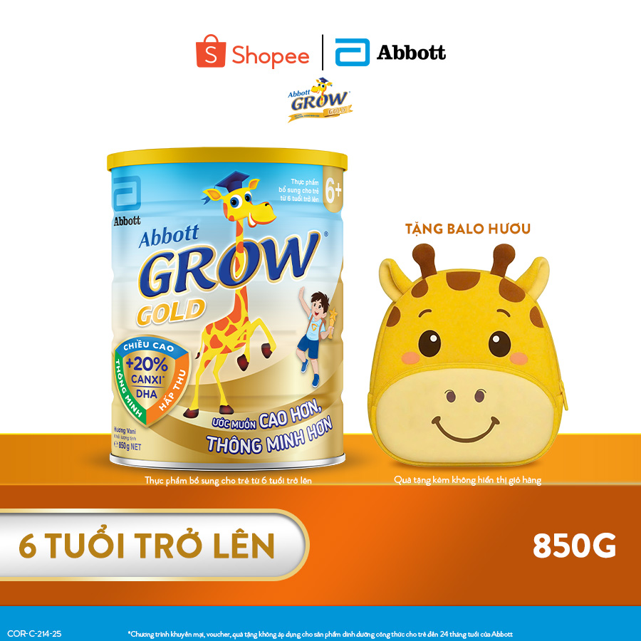   Tặng Balo hươu Grow dễ thương  Sữa bột Abbott Grow 6+ 850g 800g  Mẫu ngẫu nhiên  
