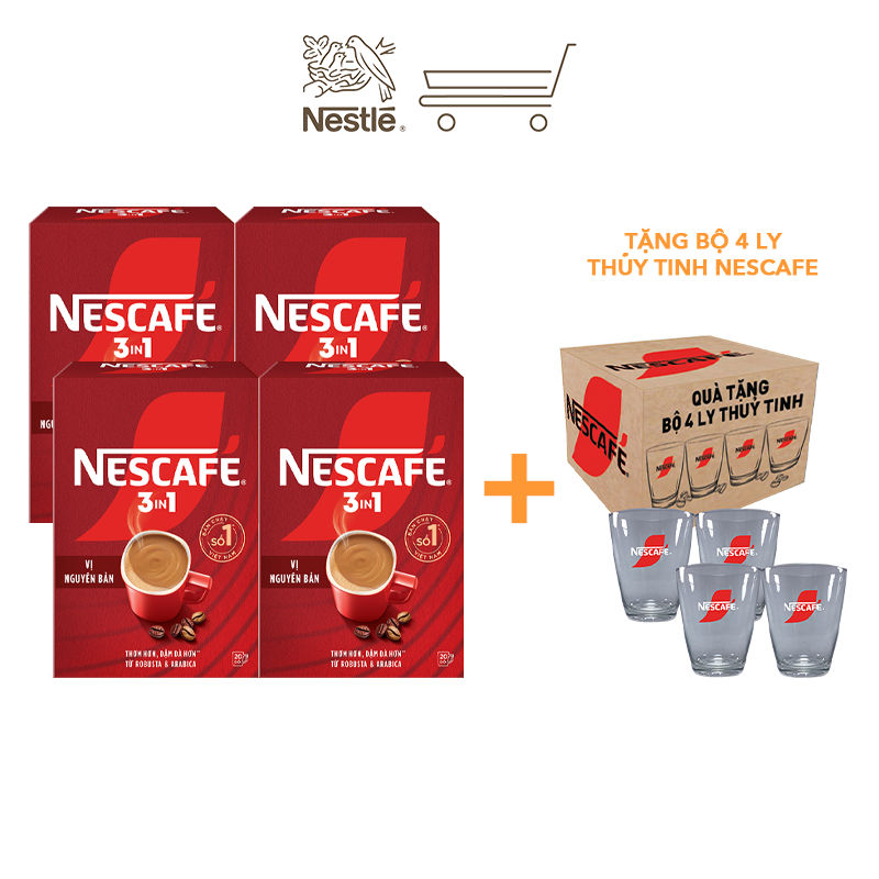 [Tặng Bộ 4 ly thủy tinh Nescafe] Combo 4 Hộp NESCAFE 3IN1 Công thức cải tiến - VỊ NGUYÊN BẢN Hộp 20 