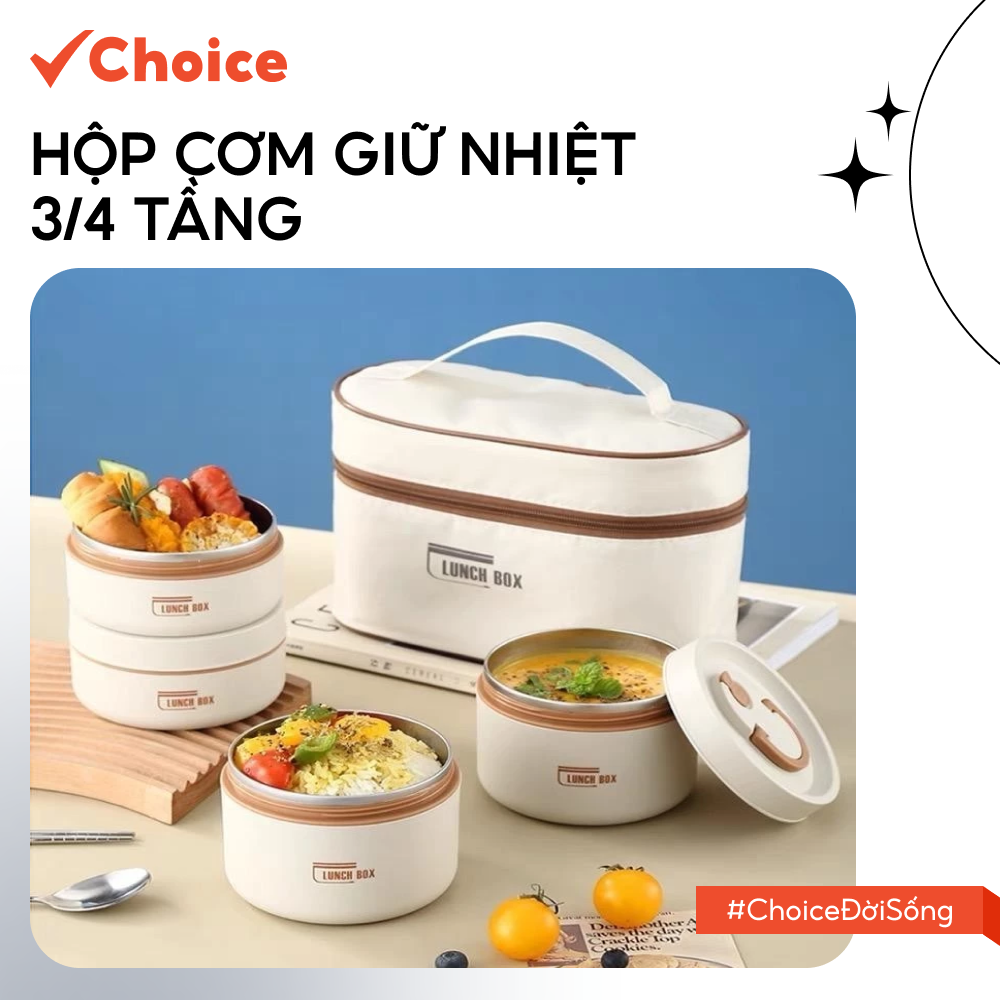 [Choice] Hộp Cơm Giữ Nhiệt 3/4 Tầng Inox LS1-2817-48 Kèm Túi Giữ Nhiệt, Đũa Thìa Dùng Cho Lò Vi Sóng