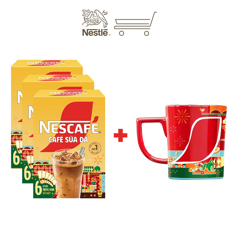[Tặng Bộ ly sứ Tết] Bộ 3 [CÀO TRÚNG THƯỞNG TẾT] Cà Phê Sữa NESCAFÉ Cà Phê Sữa Đá (Hộp 10 Gói x 24g)