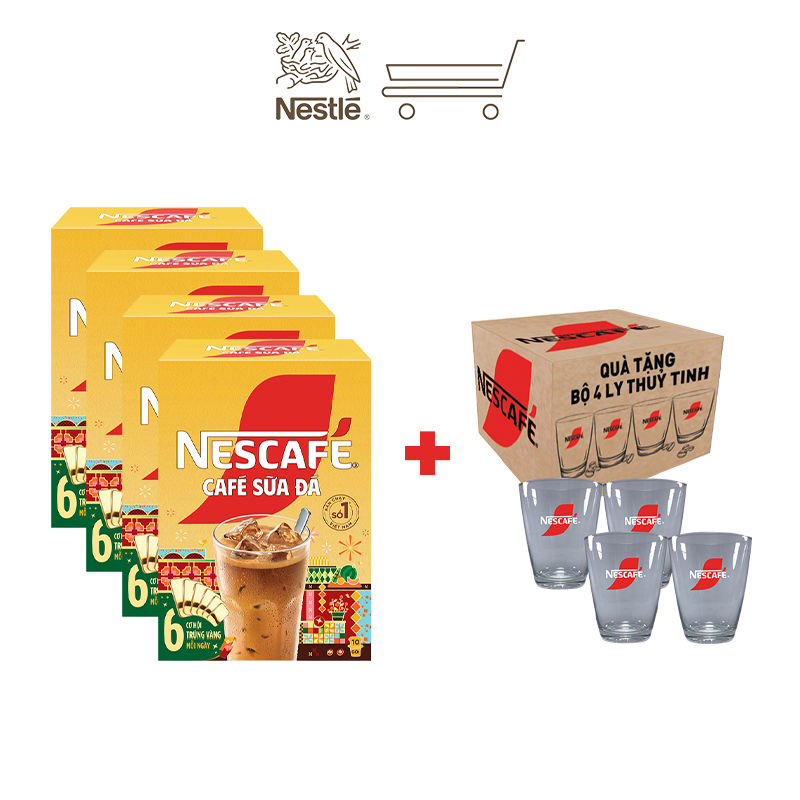 [Tặng Bộ 4 ly thủy tinh] Bộ 4 [CÀO TRÚNG THƯỞNG TẾT] Cà Phê Sữa NESCAFÉ Cà Phê Sữa Đá (Hộp 10 Gói x 