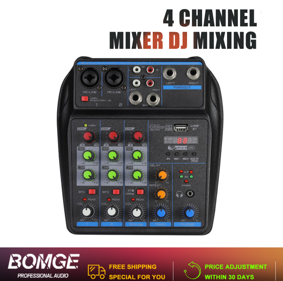Bộ trộn âm DJ 4 kênh với nguồn ảo 48V, Bluetooth, hệ thống karaoke, cổng giám sát, USB Pro