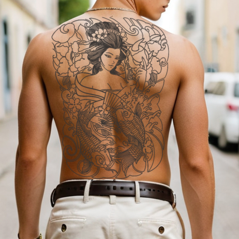 Tatu hình tạm thời Nhật Bản Geisha toàn lưng chống nước, kéo dài từ một đến hai tuần, thiết kế chân 