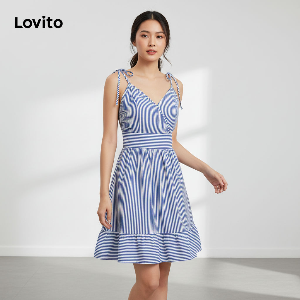 Đầm nữ Lovito xếp ly bèo nhún buộc dây họa tiết kẻ sọc phong cách hàng ngày LBL20164