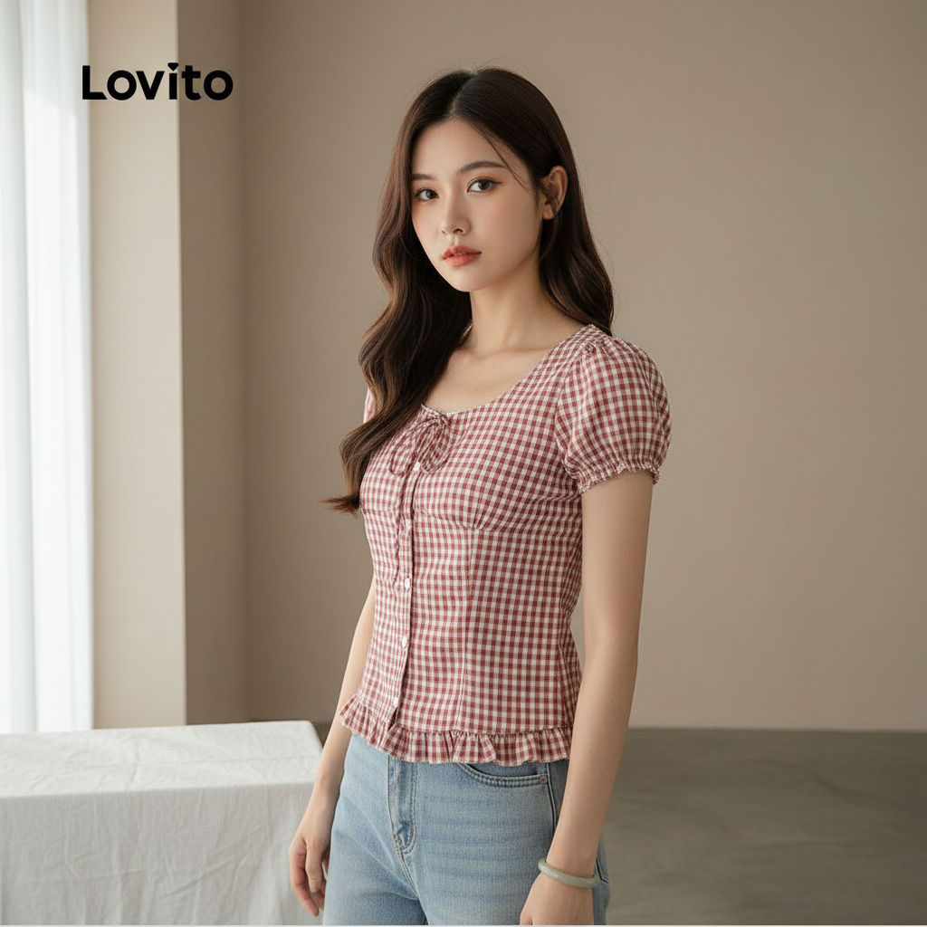 Lovito Áo sơ mi nữ phối dây đỏ trắng thời trang xuân hè L164ED023