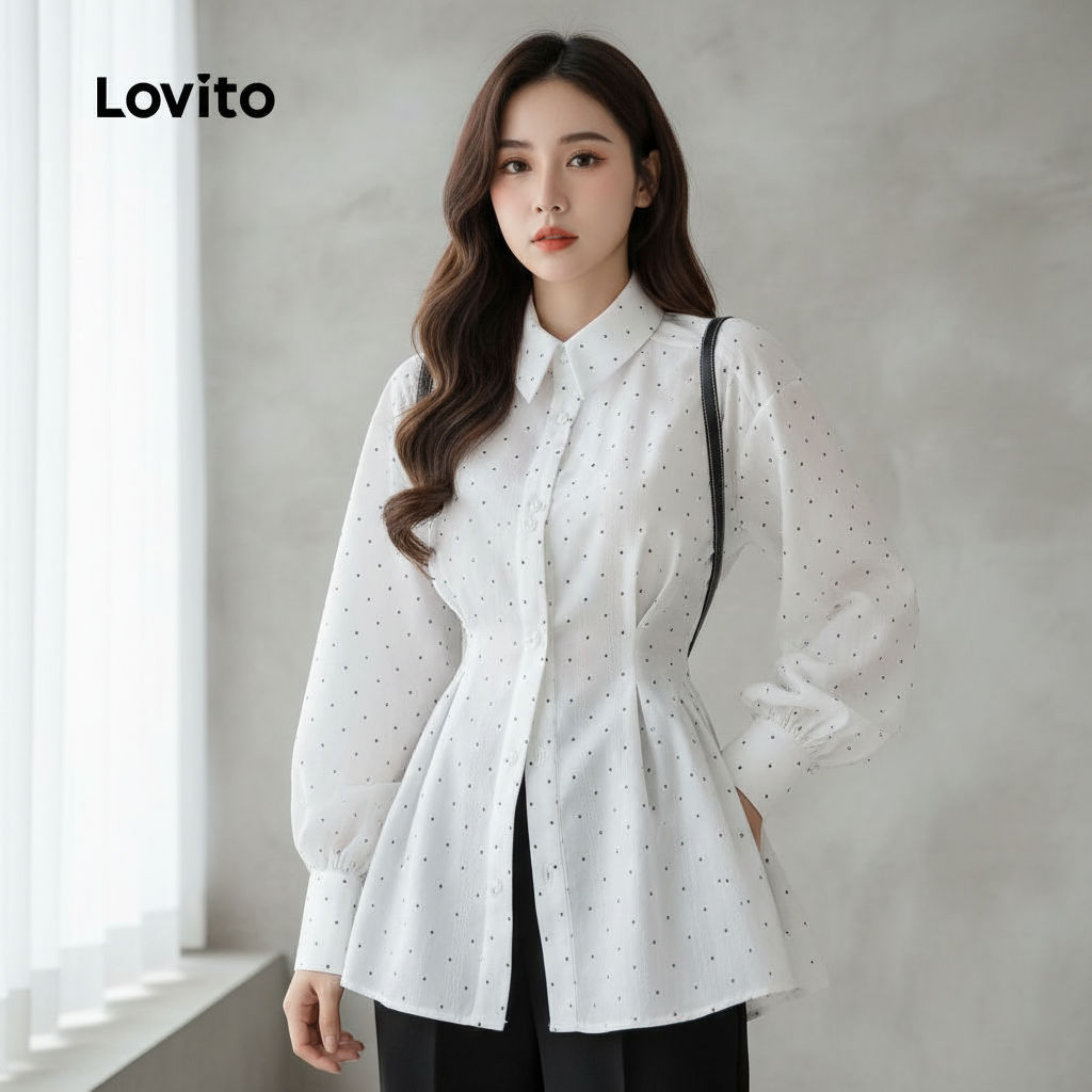Lovito Áo sơ mi nữ đen trắng thu đông LK2AD170