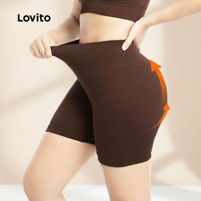 Lovito Phong cách thường ngày Quần short thể thao nâng mông kiểm soát bụng co giãn 4 chiều màu nâu LNA133046