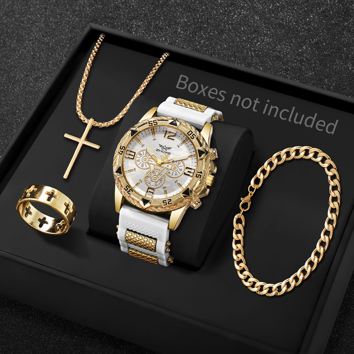 Bộ 4 Nam Thời Trang Kinh Doanh Thông Thường Dây Silicon Đồng Hồ Thạch Anh Có Vòng Tay Vòng Cổ Không Hộp