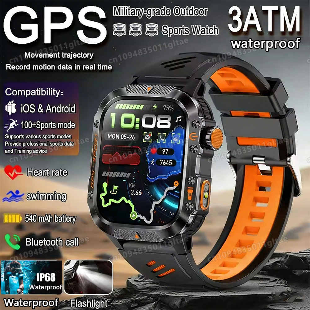 Đồng hồ thông minh cấp quân sự mới Nam GPS Đèn pin 3ATM Đồng hồ chống nước Cuộc gọi Bluetooth 100 + 