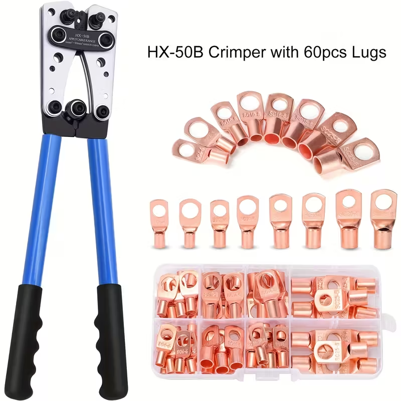 1 Bộ dụng cụ ép cos dây cáp với 60 đầu cos đồng AWG 6 8 10 12, bộ dụng cụ ép cos dây cáp pin cho AWG