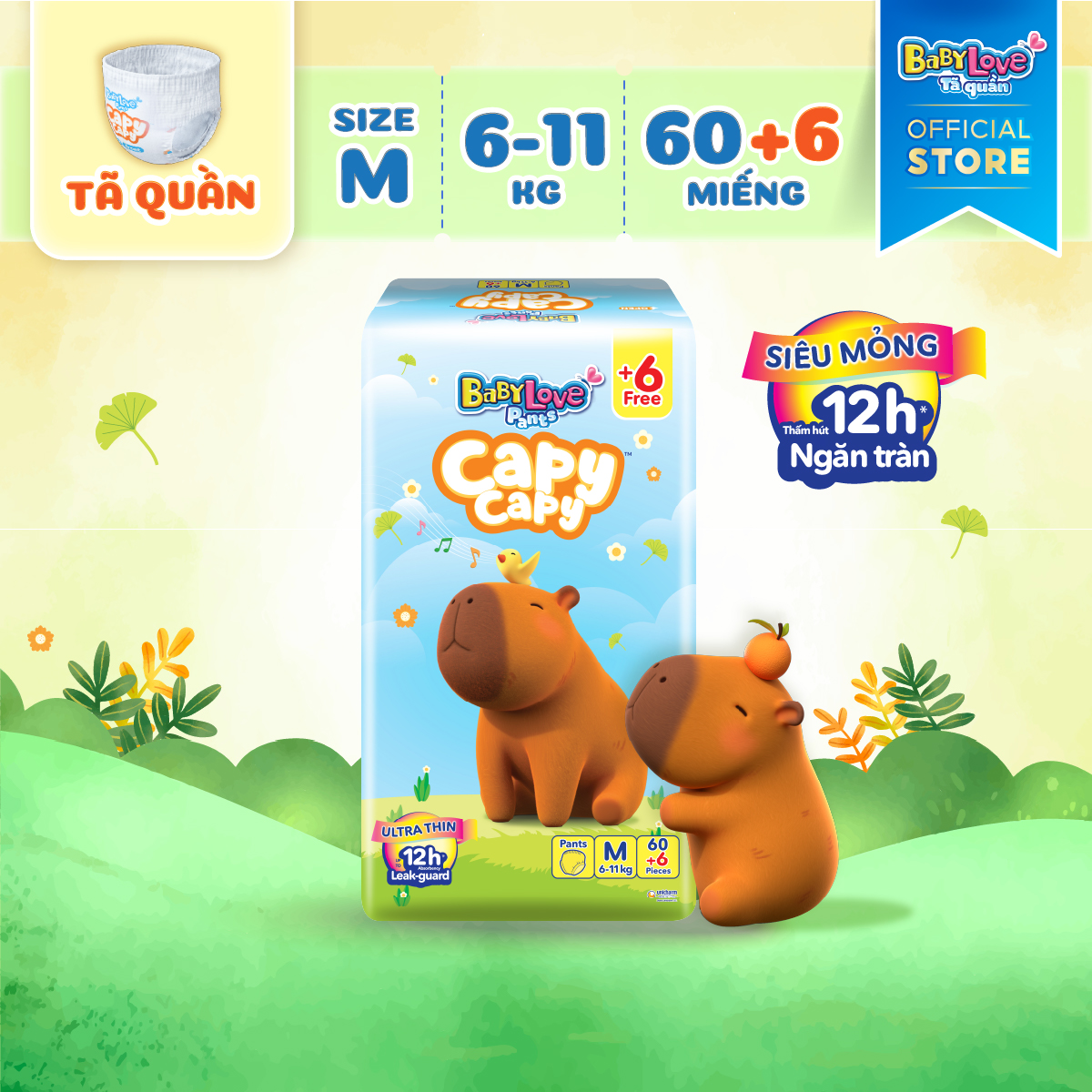 Tã quần Baby Love Capycapy - 12H Thấm hút size M66/L56/XL52/XXL48/3XL34/4XL30/5XL26