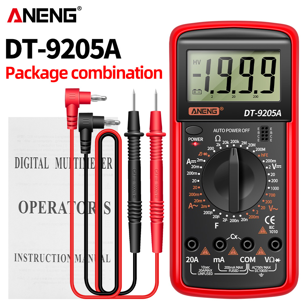 Một bộ Đồng hồ vạn năng kỹ thuật số phạm vi tự động ANENG DT9205A, Máy kiểm tra AC / DC Transistor N