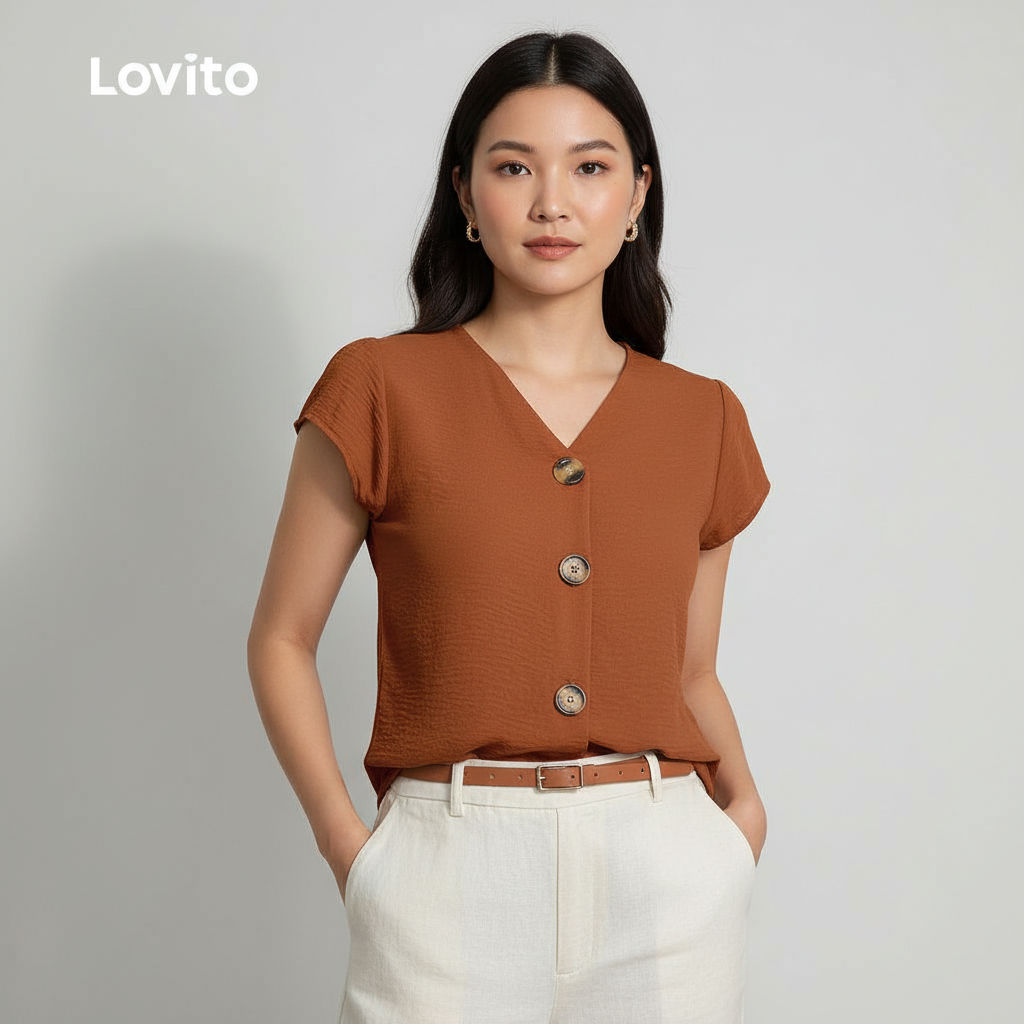 Lovito Áo sơ mi nữ xuân hè, cúc trước, cam, dáng suông LBL31124