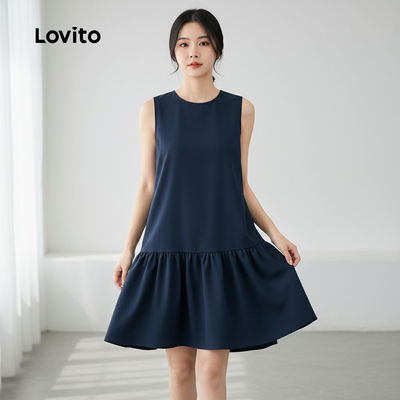 Lovito Casual Gaun Wanita dengan Tali Belakang Musim Bunga/Panas Biru Navy untuk Wanita L154ED239