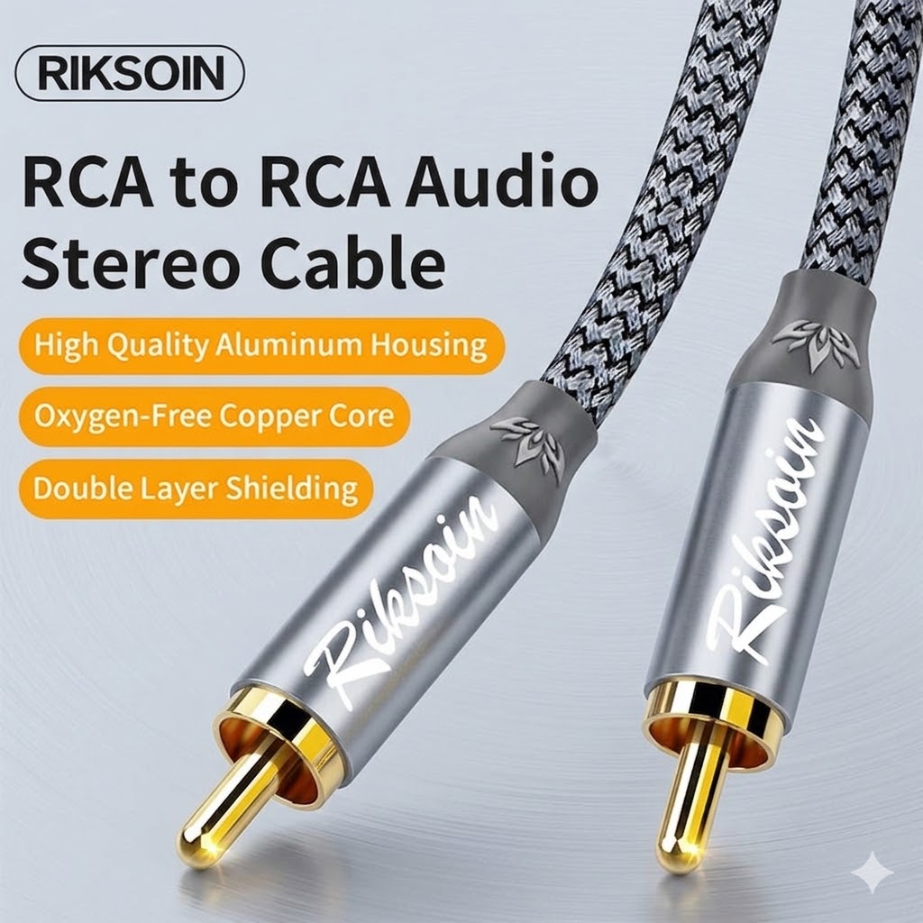 Cáp âm thanh Riksoin mạ vàng 24K RCA-to-RCA 0.6m cho rạp hát tại nhà, HDTV, loa siêu trầm & Hi-Fi