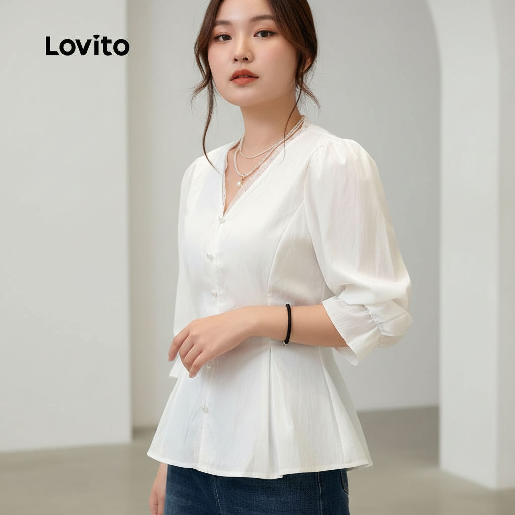 Lovito Áo sơ mi trắng nữ mùa xuân hè phối ren dáng thường ngày LK2AD1084