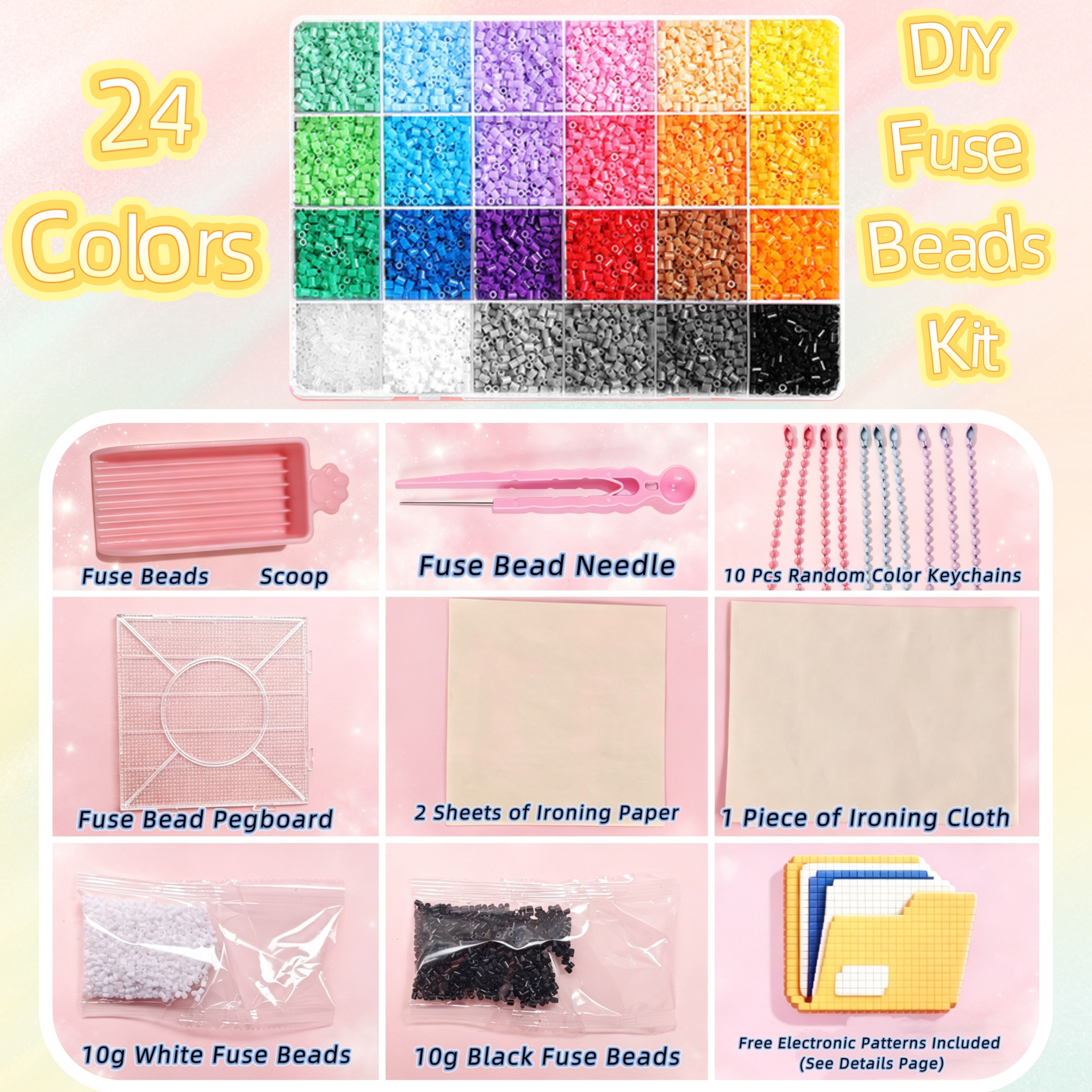 Bộ dụng cụ Fuse Beads 24 màu kèm đầy đủ phụ kiện, đồ chơi xếp hình Pixel Art DIY cho bé