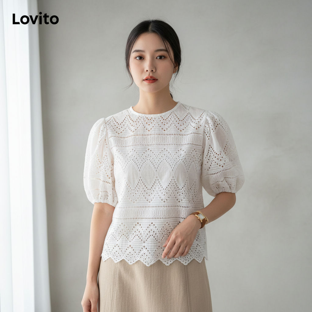 Lovito Áo sơ mi nữ tay phồng dáng suông màu trắng LNE21200