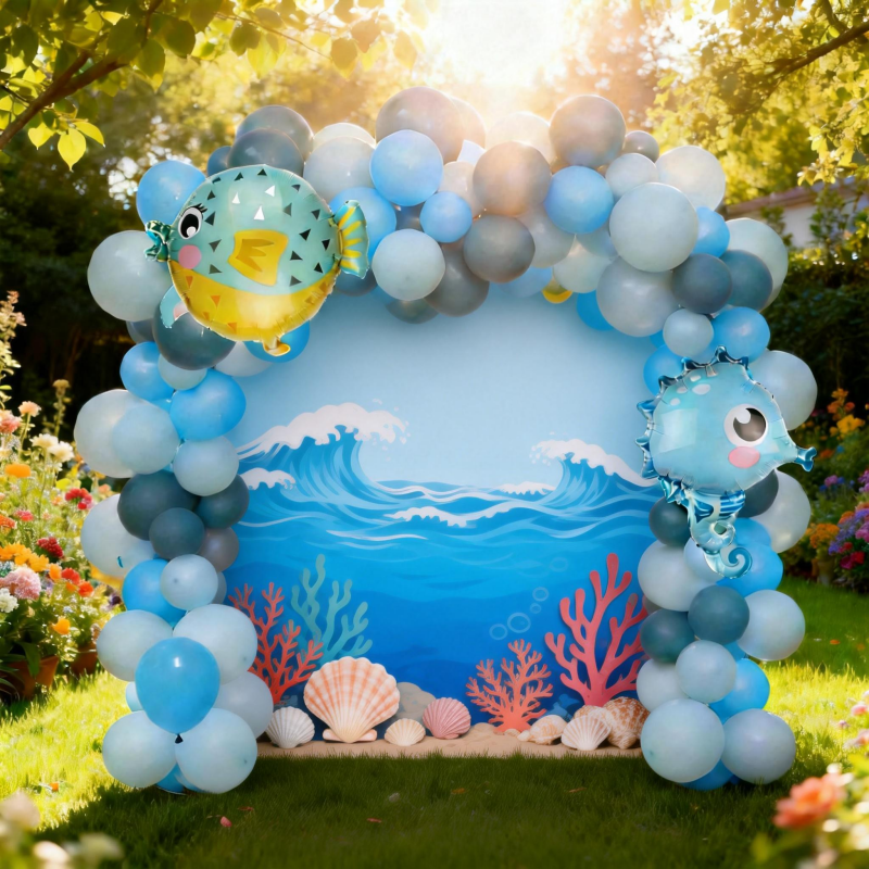 Bộ 109 quả bóng bay chủ đề đại dương, gồm bóng vòm hình cá nóc và cá ngựa bằng nhôm đáng yêu, phù hợ