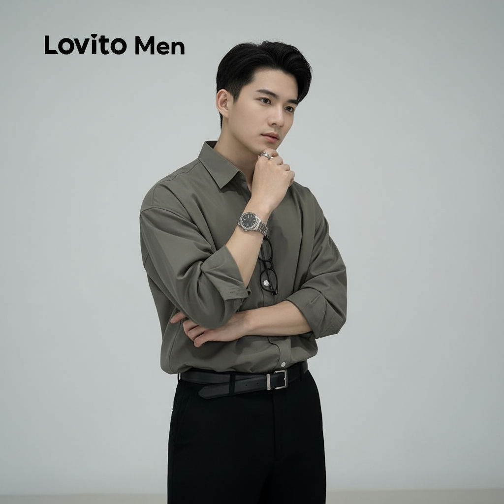 Lovito Áo sơ mi nam dáng thường ngày cài nút đa mùa màu xám nam LNE122044