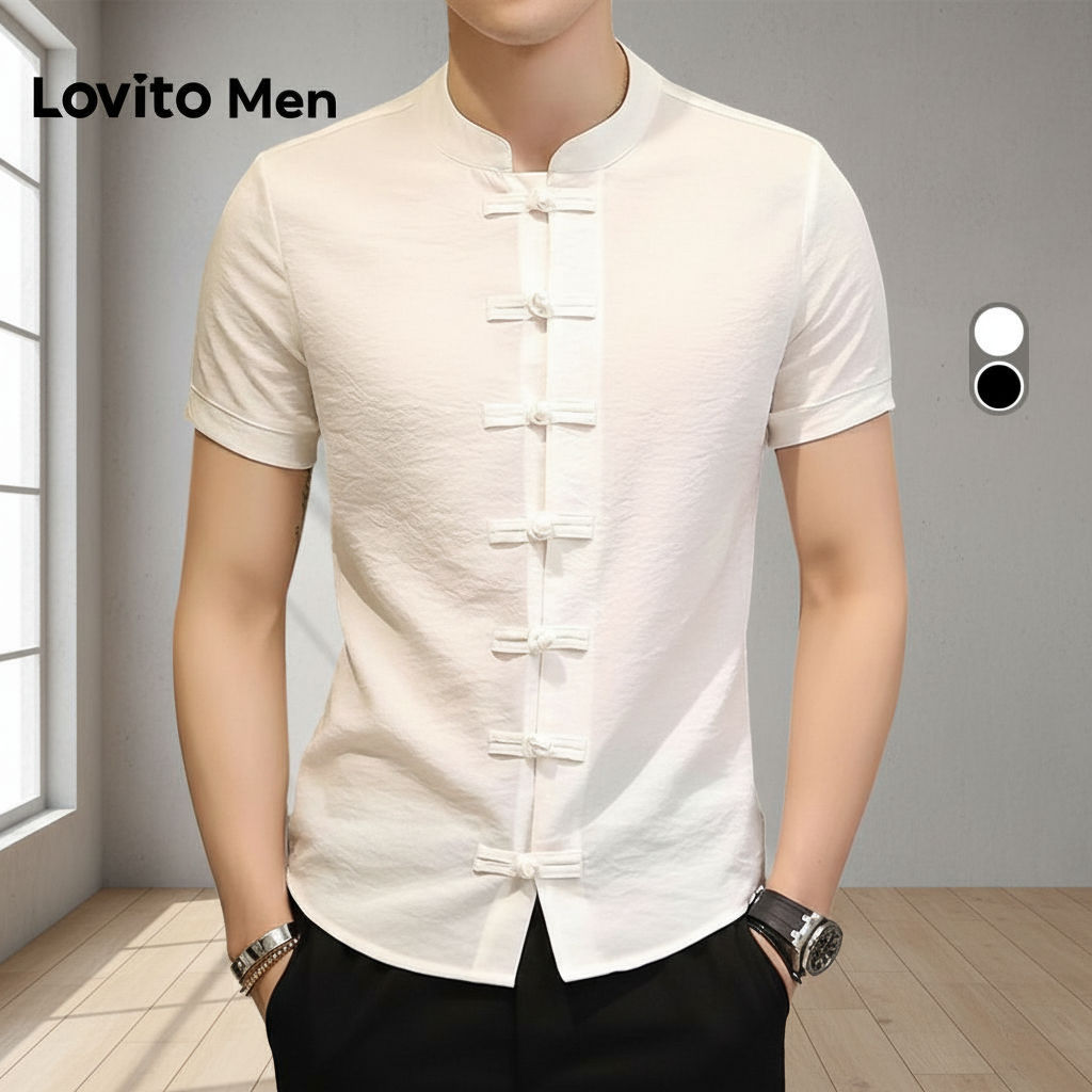 Lovito Áo sơ mi nam đen thời trang mùa xuân hè LNE127022