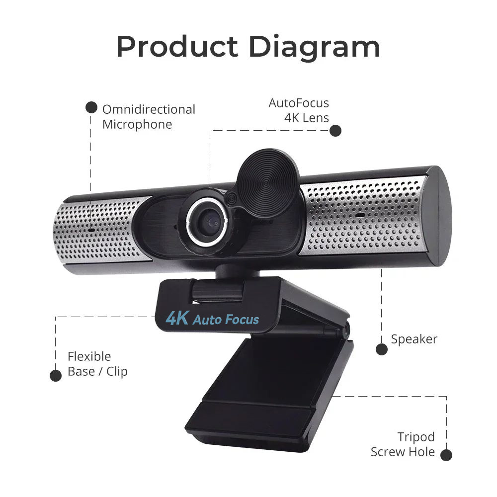 Webcam USB 4K/1080p tích hợp micro, kèm chân đế tripod, phù hợp livestream và họp trực tuyến