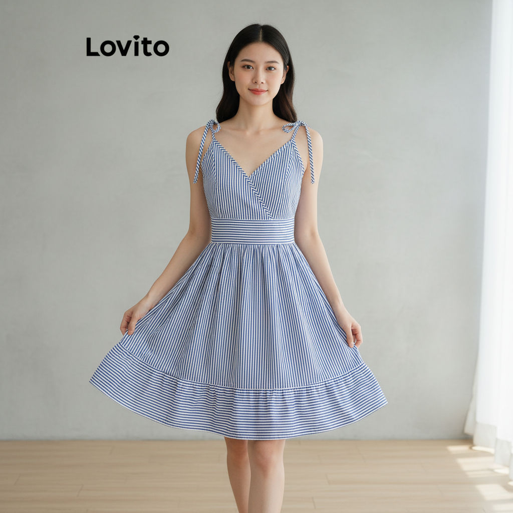 Đầm nữ Lovito phối bèo xếp ly buộc dây sọc ngang dáng casual LBL20164