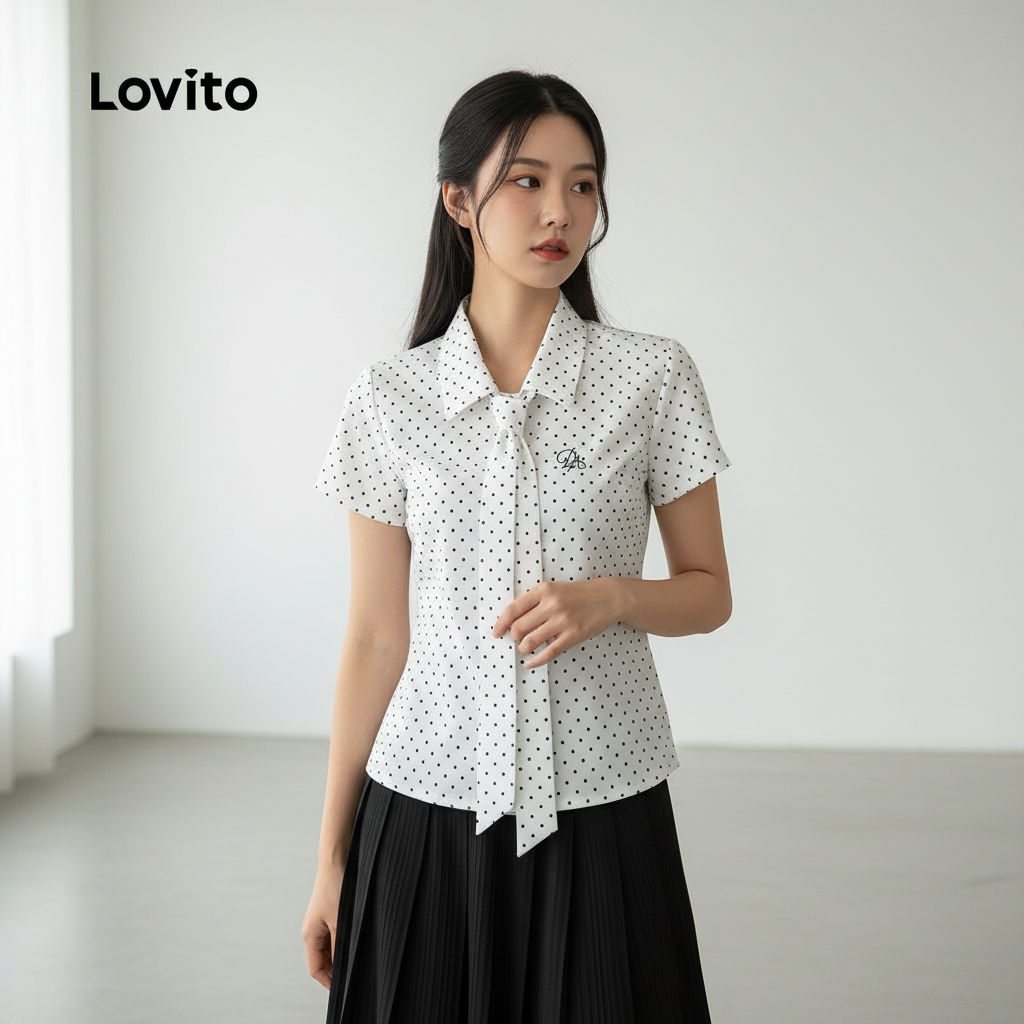 Lovito Áo sơ mi trắng nữ phối nơ thanh lịch mùa xuân hè L156AD105