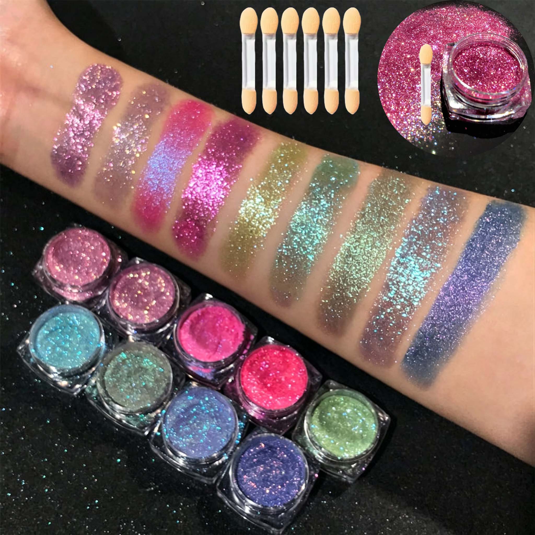 IronLux Metal Glitter Eye Shadow, Iron Oxide Pigment Sparkle Powder, Bộ 9 màu + 6 cọ, Quà tặng trang