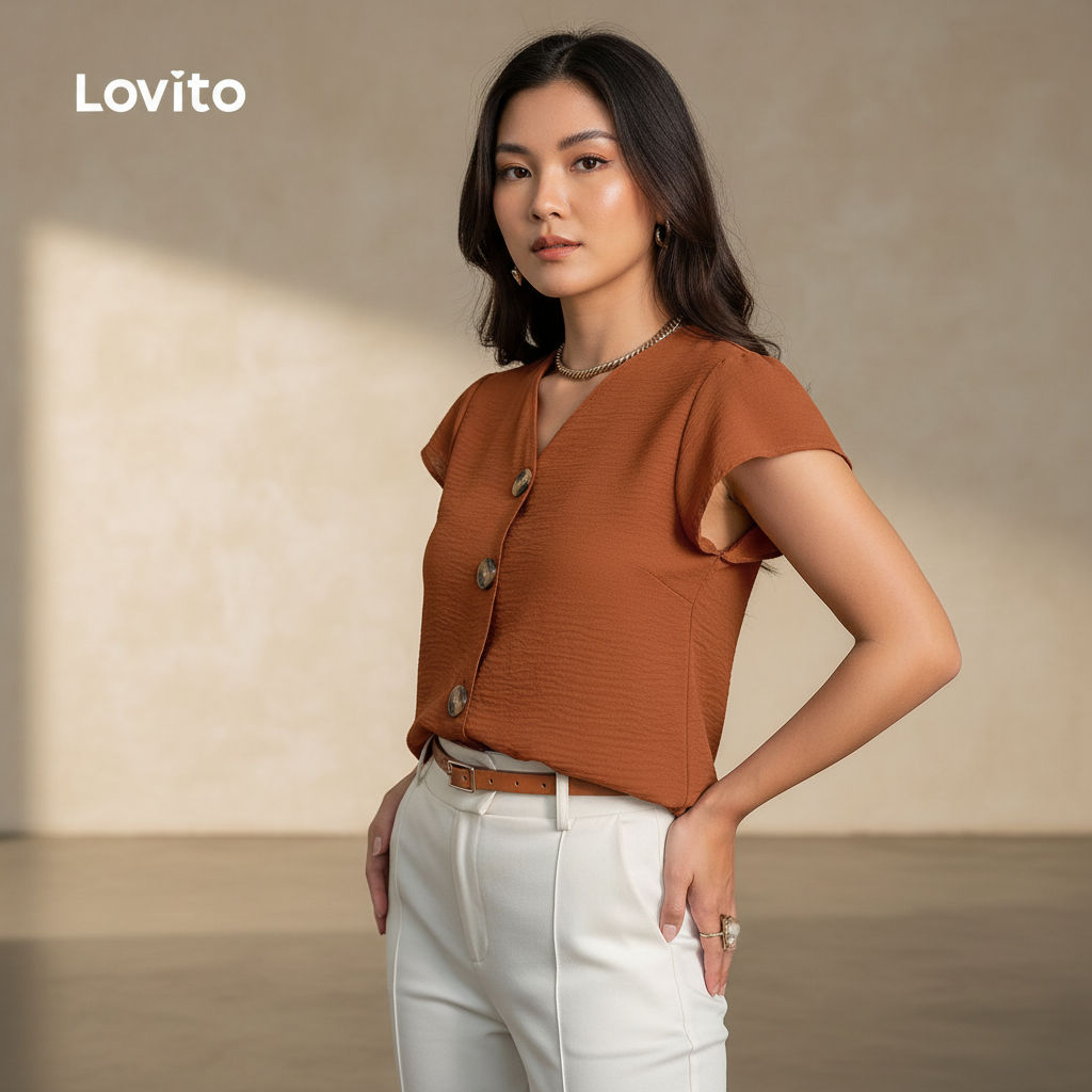 Lovito Áo sơ mi nữ xuân hè, cúc trước, cam, dáng suông LBL31124