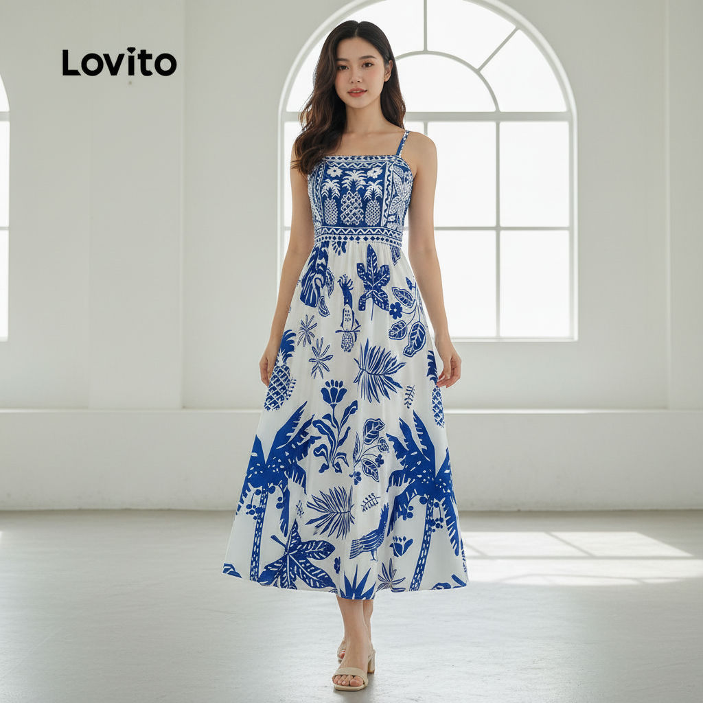 Lovito Váy Nữ Phong Cách Boho Dây Kéo Màu Xanh Dương Mùa Xuân Hè LBL32054