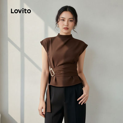 Lovito thanh lịch Áo sơ mi nữ thiết kế khóa kim loại nâu dáng bất đối xứng L171AD019