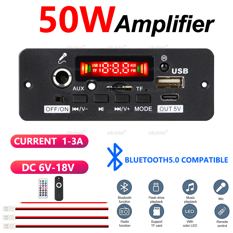 Bảng khuếch đại Bluetooth 5.0 50W 2x25W Mô-đun thu âm thanh DC 6V-18V