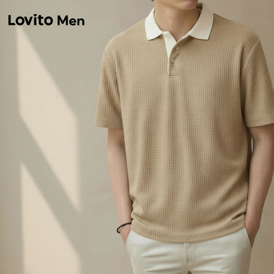 Lovito Áo Thun Nam Polo Xuân Hè Xếp Ly Đơn Giản Màu Khaki L169ED006