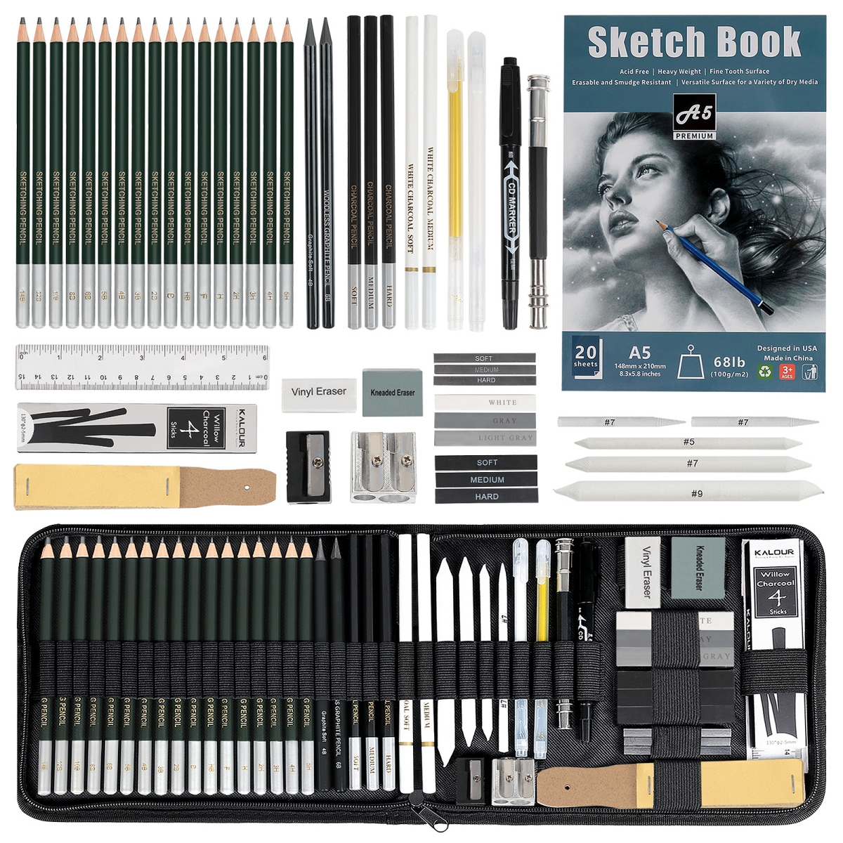 KALOUR 54-PACK SKETCH DRAWING PENCILS KIT CÓ SKETCHBOOK BAO GỒM BÚT SẠC GRAPHITE VÀ CÔNG CỤ NGHỆ THU