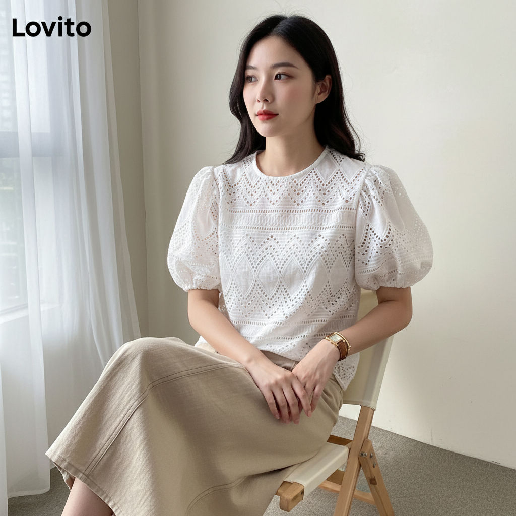 Lovito Áo sơ mi nữ tay phồng dáng suông màu trắng LNE21200