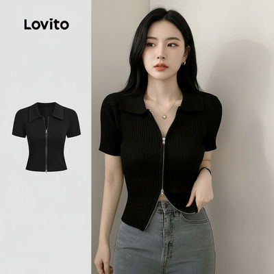 Lovito Phong cách thường ngày Áo phông đen nữ xuân hè dây kéo phối chỉ may kiểu L172ED962