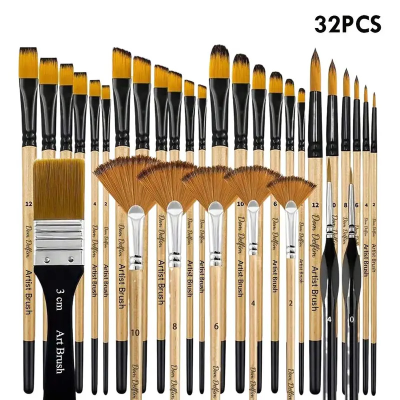 Bộ 32 Cọ Vẽ Sơn Dầu Acrylic Đầu Lông Nylon Gỗ, Cọ Quạt Phẳng, Cọ Nghiêng, Cọ Đầu Tròn Nghệ Sĩ