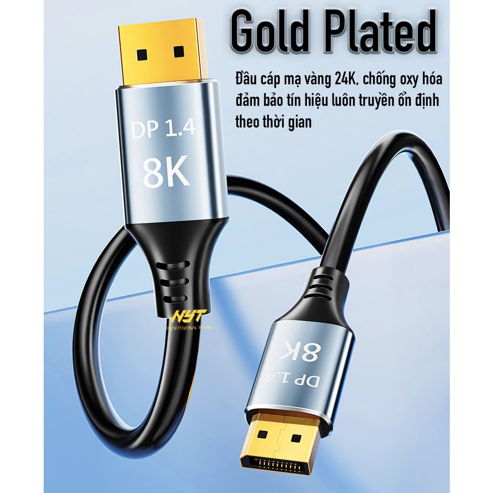 Cáp DP 1.4 2m, 8K 60Hz, 4K 144Hz, 2K 240Hz, 32.4Gbps, HDCP 2.2