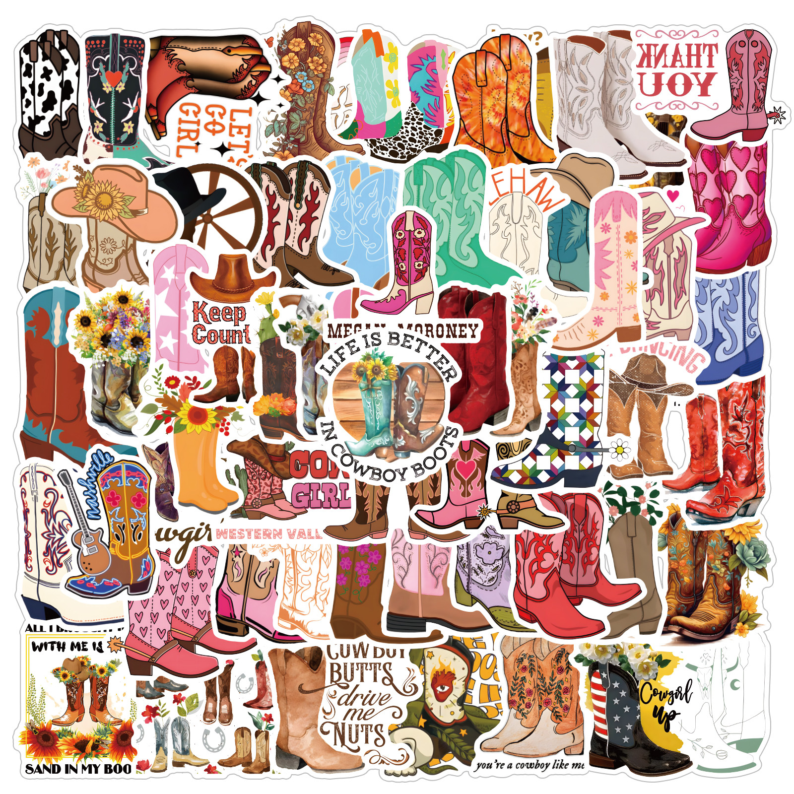 Ủa, gì đây? Hình như là bộ sticker 305 miếng chủ đề Cowboy Boots phong cách retro Y2K, mỹ thuật lãng