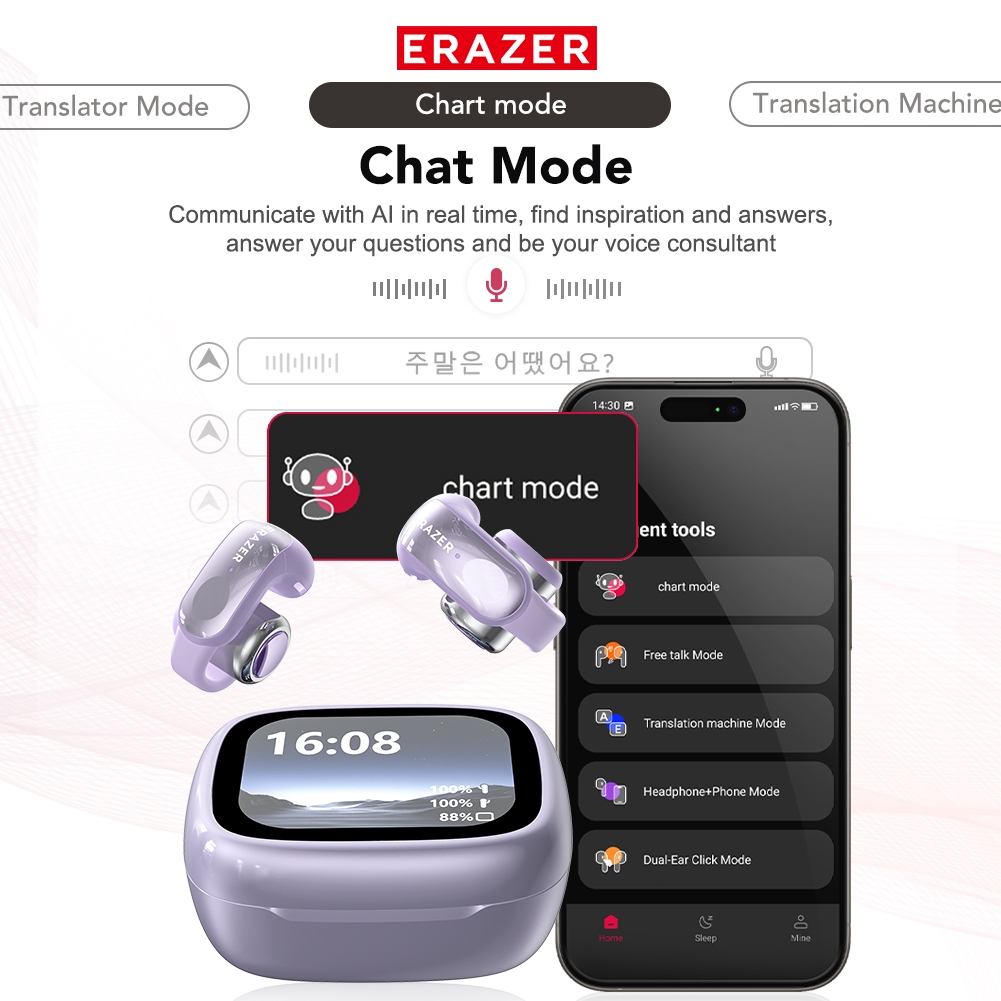Tai nghe ERAZER XF28 AI Translator Earbuds Màn hình cảm ứng thông minh Tai ngheTWS HiFi Âm thanh nổi
