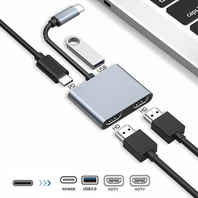 Bộ chuyển đổi USB-C 4-in-1 Hub 2 cổng HDMI 4K, chia hình ảnh, sạc nhanh PD cho laptop/PC